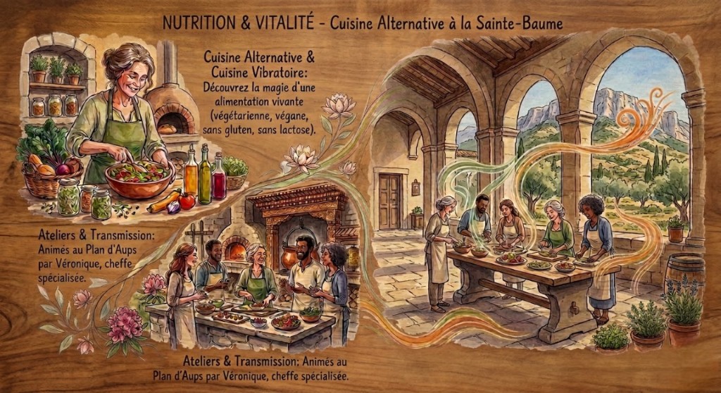 Illustration : nutrition et vitalité, cuisine alternative à la Sainte-Baume — ateliers animés au Plan d’Aups par Véronique, cuisine vivante végétarienne, végane, sans gluten et sans lactose.
